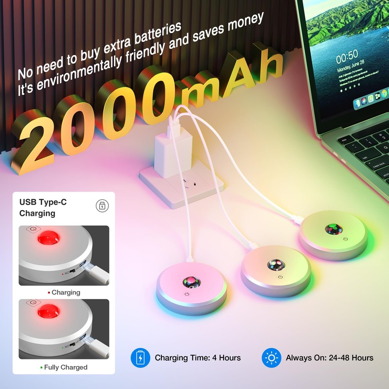 RGB Puck Lights with Remote Control, 2000mAh Battery Operated Tap