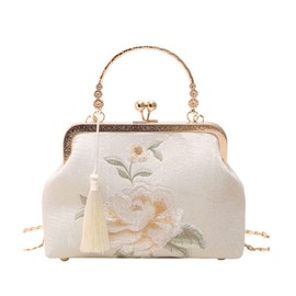 YeBon Retro Shoulder Chain Messenger Clutch Chinese Style Embroidered Elegant White Peony Flower Women's Evening Bags