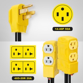 YEHERIT 50 Amp to 20 Amp 110 RV Distribution Adapter Cord, 1.5FT 4 Prong NEMA 14-50P Male Plug to 4 X 5-20R/15R Female RV Generator Adapter，Mutiple Household Outlet w/ 20amp Circuit Breaker
