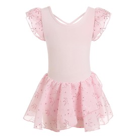 Phineein Girls Ballet Leotard with Skirt - Shiny Sparkle Tutu Dress, Ruffle Sleeve Dancewear for Kids/Toddler, Princess Pink, 8-10Y