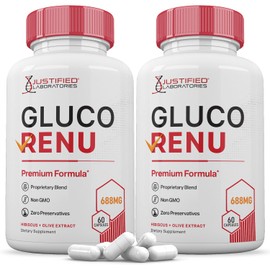 (2 Pack) Gluco Renu 688MG Glyco Support Pills Premium Formula Gluo Renew Glycogen Support Formulated Hawthrone Hibiscus Garlic Junpier Powder Olive Green Tea Extract 120 Capsules