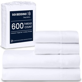 SGI bedding 600 Thread Count 100% Egyptian Cotton Queen Sheet Set White – Luxury 4-Piece Super Soft Bed Sheets, Breathable Hotel-Quality Bedding, 16” Deep Fitted, Cooling, Durable & Non-Pilling