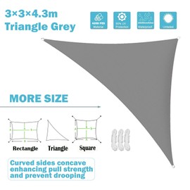 sunal Triangle Sun Shade Sails 3×3×4.3m, Waterproof Shade Sail for Garden, 95% UV Blocking Outdoor Sun Shade Shade Canopy with Free Rope for Outdoor Garden Pergola Patio Party Backyard Lawn, Grey
