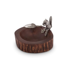 Vagabond House Wood Nut / Candy Bowl with Standing Pewter Squirrel and Metal Pewter Scoop 8 inch Diameter