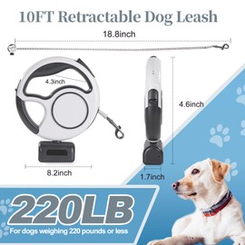 Retractable Dog Leash 4 in 1 with LED Light & Dispenser & Fixed Hanging, 10 ft Heavy Duty Dog Leash Retractable for Medium Large Dogs Up to 90lbs, 360°Tangle-Free, One Button Brake & Lock