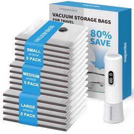 Travel Vacuum Bags for Clothes with Wireless Electric 60000Pa Pump, Pack of 15 Vacuum Storage Bags in 3 Sizes (40 x 50/40 x 60/50 x 60 cm), Save 80% Space for Travel Luggage and Storage