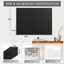 Large Bulletin Board for Felt Walls - 12 Pack Cork Board with Safe Removable Adhesive Tabs, Cork Board for Office & Home Decoration, 48 x 36 inches - Black