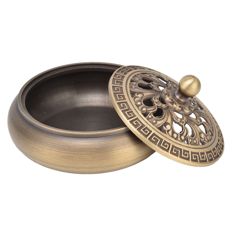 Antique Incense Burner Brass Holder with Lid Fireproof Cotton Interior