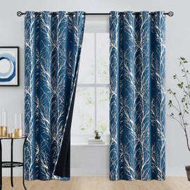 FMFUNCTEX 100% Blackout Curtains for Bedroom, Curtains 72 Inches Long Metallic Silver on Navy Blue Tree Branch Curtains for Living Room, Room Darkening Foil TreeThermal Insulated 2 Panels Grommet Top