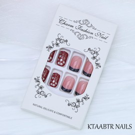 24PCS Blue French Tip Press on Nails Short Square Independence Day Pink Fake Nails with Glue, 4th of July Star Design Acrylic Nails Full Cover Glossy False Nails for Women Manicure Decoration