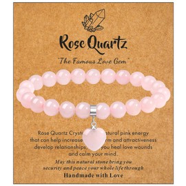 MAIBAOTA Healing Crystal Bracelet for Women, 8 mm Beaded Rose Quartz Bracelet, Pink Gemstone Love Heart Charm Bracelet, Stone Jewelry Gifts for Christmas Anniversary Valentine's Day