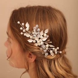 Jumwrit Bridal Hair Comb Pearl Wedding Hair Comb for Bride Handmade Leaf Headpiece Wedding Hair Accessories for Women Girls（Rose Gold）