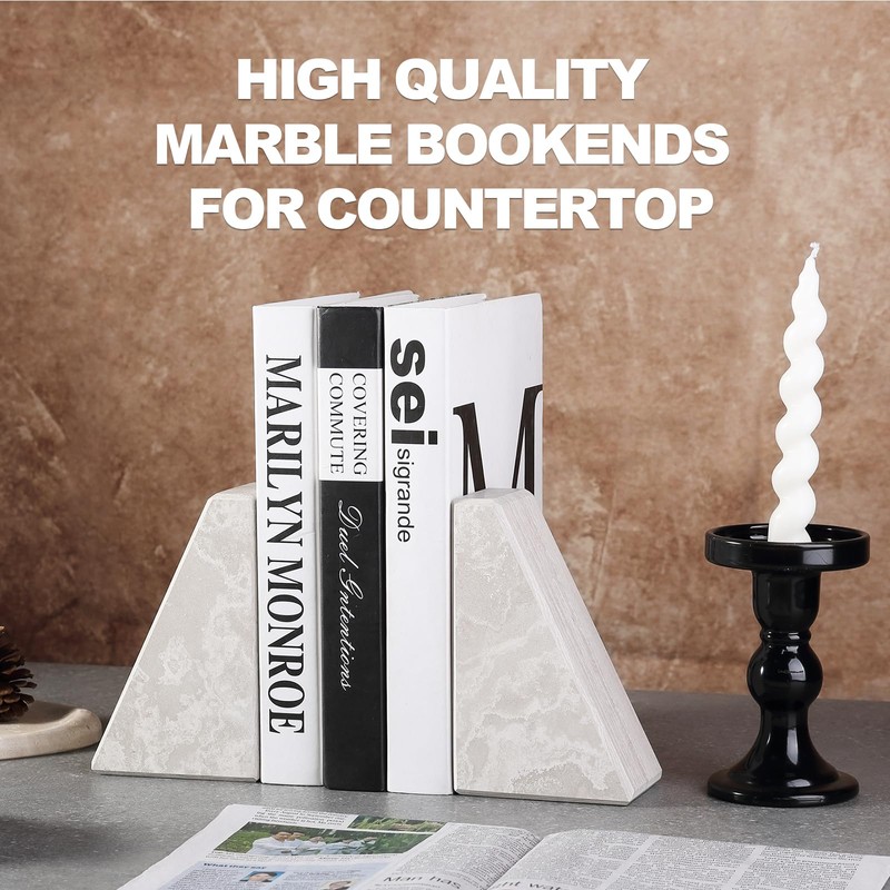 Marble Bookends for Heavy Books, Decorative Book Ends for Shelves,