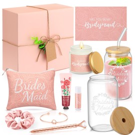 Meanplan 14 Pcs Bridesmaid Proposal Gifts, Will You Be My Bridesmaids Gifts with Proposal Box Glass Cup Makeup Bag Card Lip Balm Hand Cream Candle Scrunchies Bracelets Diamond Pen(Pink)
