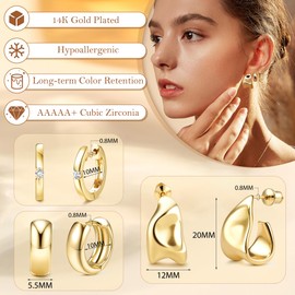 JeweBella 3 Pairs Gold Hoop Earrings for Women Chunky Earrings Hypoallergenic Huggie Earrings 18K Gold Plated Earrings Lightweight Cartilage Stackable Earrings Set(Gold/Silver)