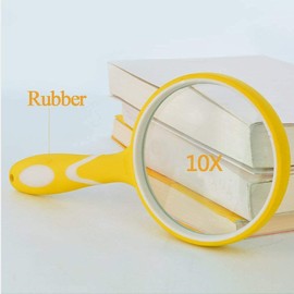 Lupa grande de mano (Bule o Amarillo), 100 mm de goma inastillable, lente de vidrio de aumento 10X, fácil de sostener para ancianos, leyendo periódicos y niños que observan la naturaleza (amarillo)