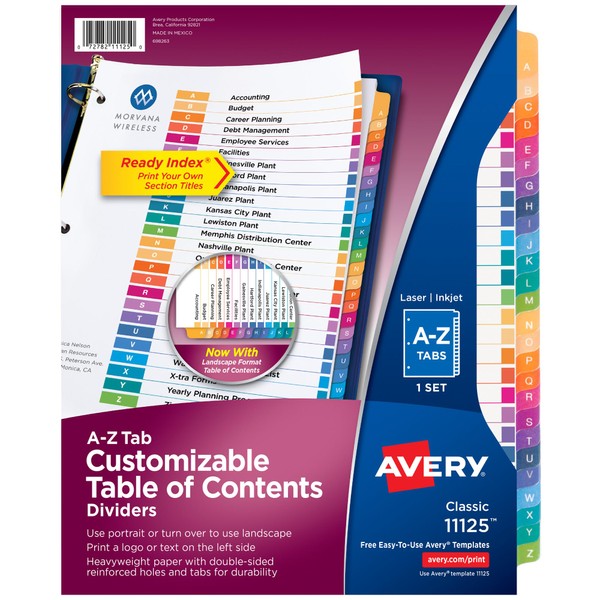 AVERY Avery A-Z Tab Dividers for 3 Ring Binder, Customizable