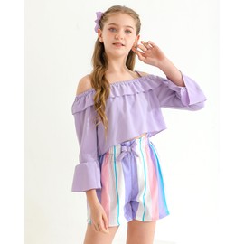 YOURUIKEY Girls Summer 2 Piece Cute Clothes Kid Halter Long Sleeve Cold Shoulder Purple Top Shorts Set Outfit Size 11 12