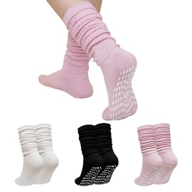 ZAKASA Women's Slouch Scrunch Grip Socks: Non Slip Long Slouchy Socks for Women Grippy Knee High for Yoga Pilates Barre Hospital 3 Pairs