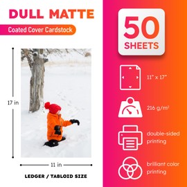 Dull 80lb Cover Digital Low Gloss Cardstock, Double Sided C2S, Coated, Perfect for Color Laser Printing, Design Proposals, Business Cards, Flyers, Brochures | Matte Finish | 11" x 17" | 50 Sheets