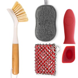 TEZZ 5 Pieces Cast Iron Cleaner Kit Include Stainless Steel Chainmail Scrubber, Dish Scrub Brush, Dual Sided Kitchen Dish Scrubber Sponge, Hot Handle Holder For Cleaning Cast Iron Skillets, Pot & Pans