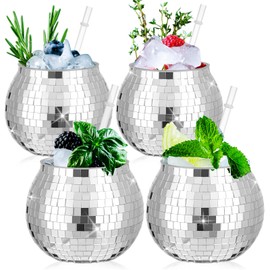 FoldTier 4 Pcs Disco New Year's Eve Decorations Disco Ball Vase for Centerpieces 30 oz Disco Ball Cups Plastic Large Disco Fish Bowls with Straw Wedding Bachelorette Bar 70s Disco Party Supplies