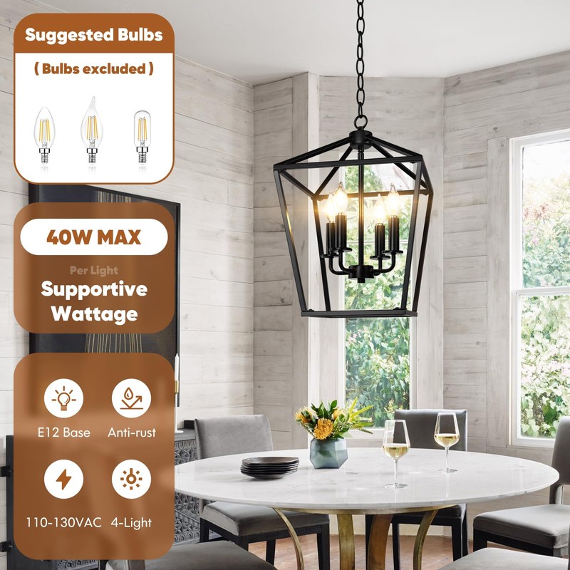 Farmhouse Chandelier 4-Light, Black Pendant Light Fixture for Kitchen Island