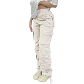 Viatabuna High Waisted Cargo Pants for Women Baggy Y2k Straight Wide Leg Pants with Pockets Streetwear A-Beige