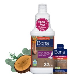 Bona Hardwood Floor Cleaner Bottle for use with Swiffer WETJET Spray Mop, Cedar Wood Scent, makes 64 Fl Oz - Includes Filled Bottle + Concentrate Refill for Wood Floor Cleaning