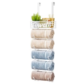 HapiRm Over Door Towel Racks - 6 Tier Over The Door Towel Racks for Bathroom, Wall Mounted Towel Holder with Metal Shelf, Rolled Towel Organizer Door Hanging Towel Storage - White