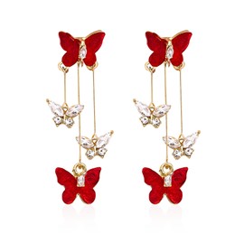 Peasimy Purple Butterfly Tassel Stud Earrings for Women Long Butterfly Crystal Rhinestone Drop Dangle Earrings Wedding Jewelry Gifts (Red)