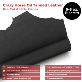 ELW Crazy Horse Leather 5-6 OZ (2-2.4mm) | Black | Pre-Cut 8"x8" | Full Grain Cowhide Handmade Leather for DIY, Crafts, Sheaths, Sewing, Workshop