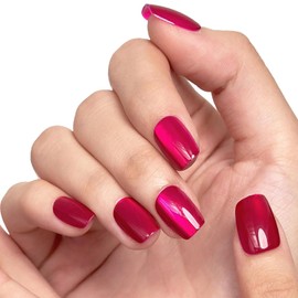 GLAMERMAID Hot Pink Press on Nails Short Square, Handmade Magnet Cat Eyes Glitter Jelly Gel Fake Nail Kits, Shimmer Ombre Magnetic Glue on Nail Tips, Aurora Medium Stick on False Nail Kit for Women