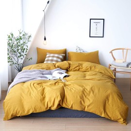 DONEUS Yellow Washed Cotton Duvet Cover Set Queen(90 x 90 Inches), 3 Pieces Solid Pattern Bedding Set(1 Duvet Cover + 2 Pillow Shams), Super Soft Duvet Cover with Zipper Closure, Corner Ties