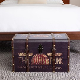 Household Essentials Large Decorative Trunk, Vintage Decoupage, Metal Accents with Leather Strapping, Strong MDF Frame, Clasps Shut, Green and Black