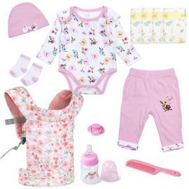 Reborn Baby Doll Clothes Accessories with Carrier for 17-20-22 Inch Babydolls, 12 Pcs Realistic Girl Outfits Floral Baby Doll Carrier and Feeding Accessories