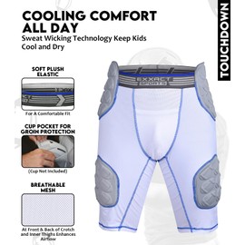 Exxact Sports Touchdown 5-Pad Youth Football Girdle - Football Padded Girdle with Cup Pocket, Boys Padded Compression Shorts (YM, White)