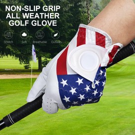 GOLTERS Golf Gloves Left Hand with Ball Marker Men Women Golf Gloves USA Flag Synthetic Leather Lycra Fiber Adjustable Strap Worn On Left Hand (Men's golf gloves, X-Large)