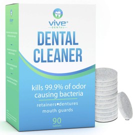 Vive Dental Retainer & Denture Cleaner Tablets (90 Ct) - For Mouthguard, Night Guard, Removable Partial or Full False Teeth - Overnight, Antibacterial Cleanse - Cleaning Removes Stains, Plaque, Odor