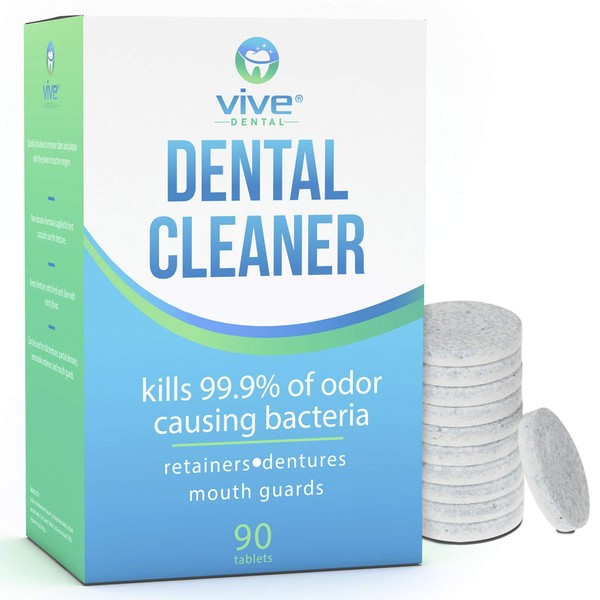 Vive Dental Retainer & Denture Cleaner Tablets (90 Ct) - For Mouthguard, Night Guard, Removable Partial or Full False Teeth - Overnight, Antibacterial Cleanse - Cleaning Removes Stains, Plaque, Odor