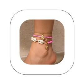 Asphinien Bohemian Beaded Anklets Set Multilayered Shell Charm Pendant Foot Chain Boho Summer Beach Turquoise Conch Turtle Starfish Elastic Stackable Foot Jewelry for Women (Pink)
