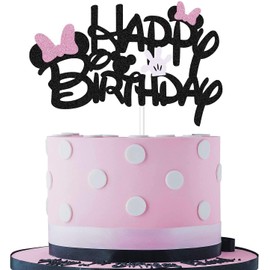 Black Glitter Minnie Inspired Happy Birthday Cake Topper with Pink Bows and White Gloves Girls Birthday Party Decorations Supplies