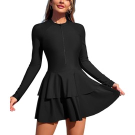 ZAFUL Women's One Piece Rash Guard Long Sleeve Modest Swimsuits Dress Zipper Bathing Suit Swimskirt 0-Black L