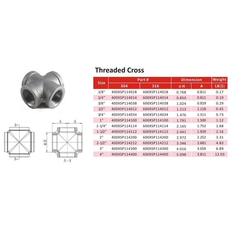 2" inch Cross 4 Way Pipe Fitting SP114 316 Stainless