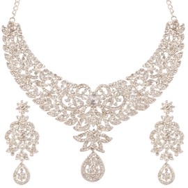 Touchstone New Hollywood Glamour Pretty Filigree Studded Diamond Look Rhinestone Exemplary Stylish Designer Bridal Jewelry Hasli Necklace Set for Women in Silver Tone
