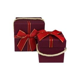 Emartbuy Set of 2 Rigid Gift Box, Red Gift Box with Satin Ribbon and Golden Carry Handle