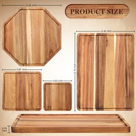 Baderke 4 Pcs Solid Acacia Wood Charcuterie Boards Wooden Serving Tray Set for Serving Food Large Dinner Platters for Dinner Party Cheese Food Decorative(Square Octagon Rectangle, 4 Sizes)