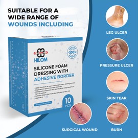 Hilom Silicone Foam Dressing with Adhesive Border 4 in x 4 in (10 Pack) Waterproof Dressing | Moist to Heavily Draining Wounds Including Pressure Ulcer, Burns, or Lacerations | Latex Free
