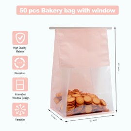 Pack of 50 Paper Bread Loaf Bag Kraft Food Packaging Storage Bakery Bag with Front Window, Tin Tie Tab Lock Kraft Paper Bags (10.2'' X 6.3'' X 5.1'') (Pink)