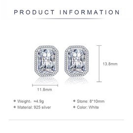 Shuxin Sterling Silver Stud Earrings for Women, Silver Rectangle Cubic Zirconia Stud Earrings, Big Clear Faux Crystal Diamond Gemstone Studs Earrings, Bridal Earrings for Brides Bridesmaids Wedding